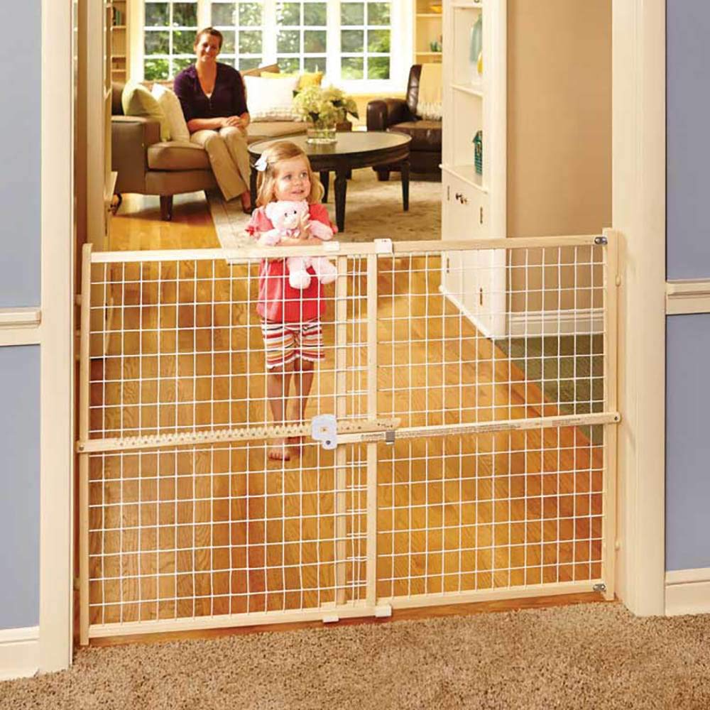 Toddleroo by North States - Quick-Fit Extra-Wide Wire Mesh Wooden Baby Gate: Pressure Mounted Baby Gate for Doorways - Adjustable 29.5 to 50 Inches