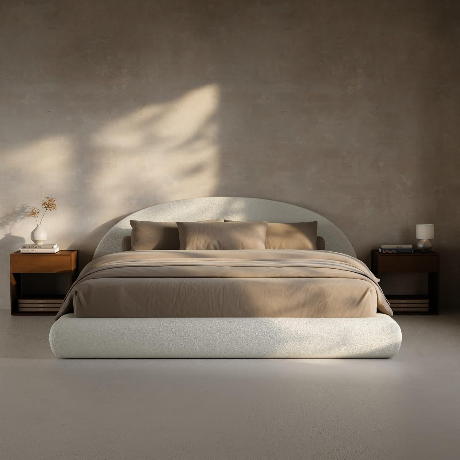 RECCI AirFrame Half-Moon Upholstered Queen Platform Bed Frame | Velvet Curved Arched Base, 6-Inch Thickness Headboard, 5 Inch Fully Round Cushioned Foam, No Box Spring Needed, Easy Assembly