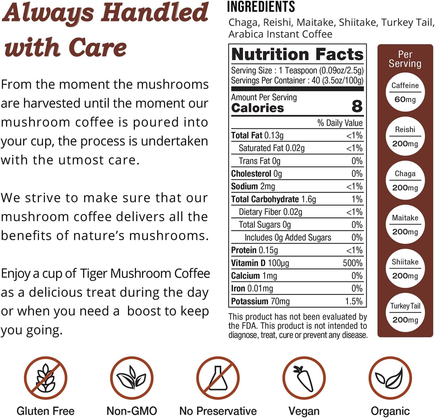 Tiger Organic 5 Mushroom Instant Coffee – 30 Servings with 100% Arabica | Immune System Booster, Reishi, Maitake, Shiitake