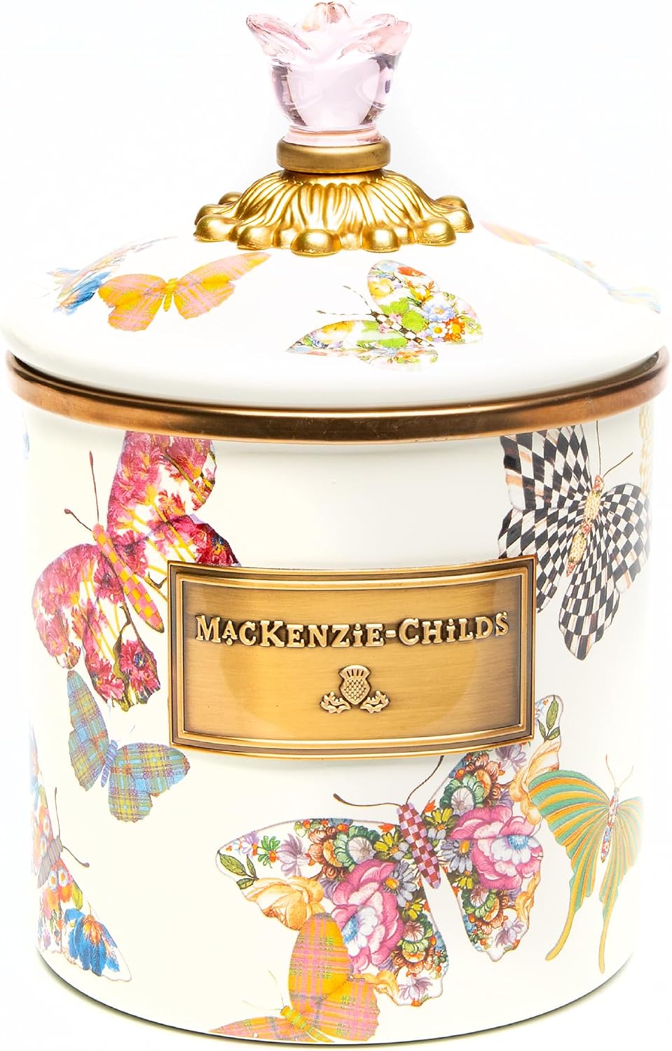 MACKENZIE-CHILDS Enamel Canister, Small, Wild Rose Brown | Hand-applied design, made from enameled steel, versatile kitchen storage container for flour and sugar, 38-ounce capacity