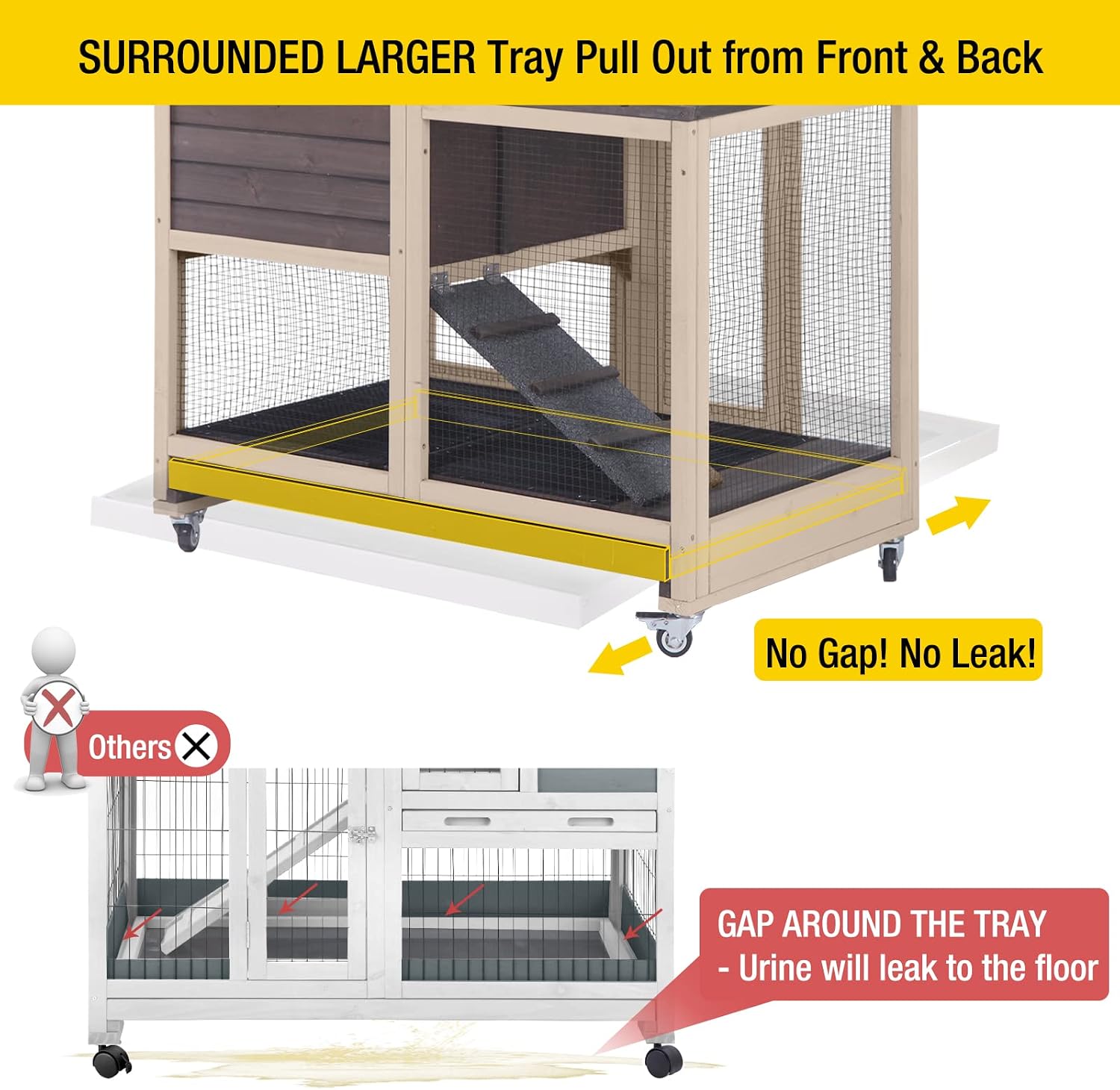 Aivituvin Upgrade Rabbit Cage Indoor Bunny Hutch with Run with Two Deeper No Leak Trays - 4 Casters Include for Outdoor (Coffee)