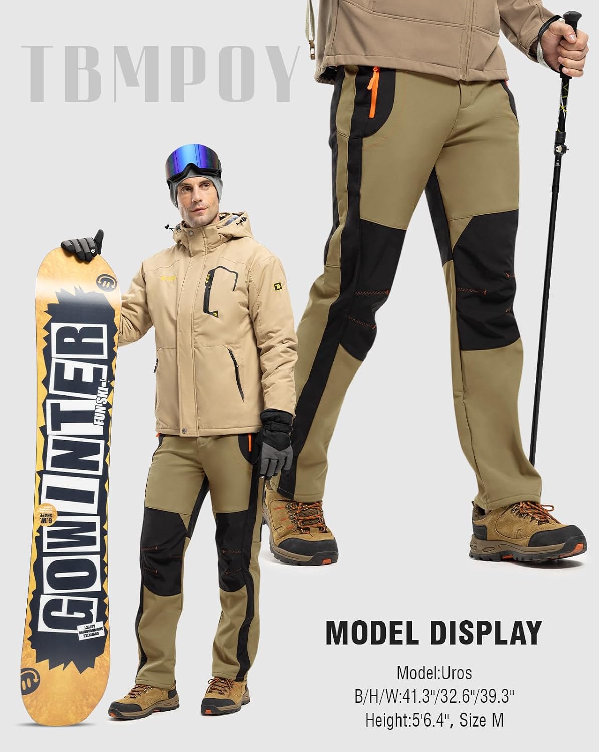 TBMPOY Men's Snow Ski Hiking Pants Waterproof Winter Fleece Lined Pants Camping Skiing Ice Fishing Pants with Belt