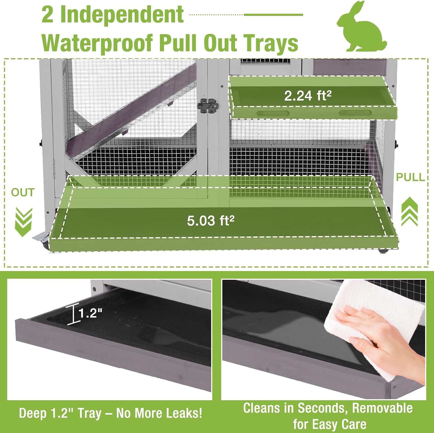 Indoor Rabbit Bunny Hutch Outdoor, Guinea Pig Cages with Removable Bottom Wire Netting - Easy Clean