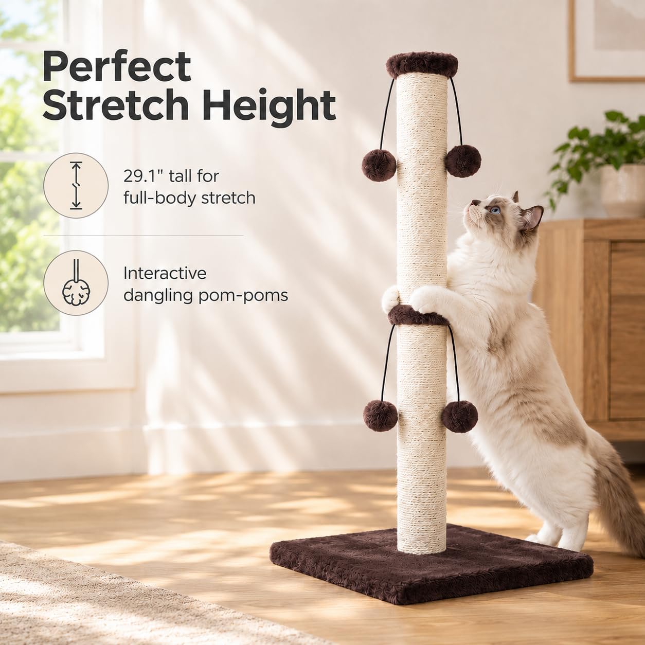 Dimaka 29'' Cat Scratching Post, Natural Sisal Rope Scratcher Post, Kitten Claw Scratch with 4 DanglingToy Balls for Large Cats (Grey)