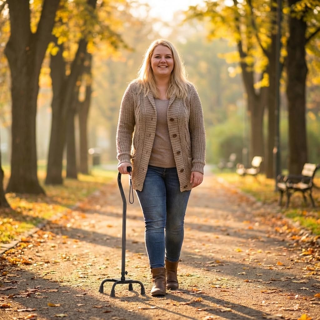 NOVA Heavy Duty Quad Cane with Large Base, 500 lb Weight Capacity Bariatric Walking Cane with Offset Handle, Adjustable Height Aluminum 4-Prong Cane, Right or Left Hand Use, Silver