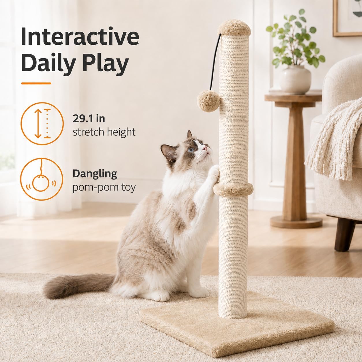 Dimaka 29" Height Tall Cat Scratching Post, Claw Scratcher with Sisal Rope and Covered with Soft Smooth Plush, Vertical Scratch [Full Strectch] for Standard Size Cats(Grey, 29 inches for All Cats)