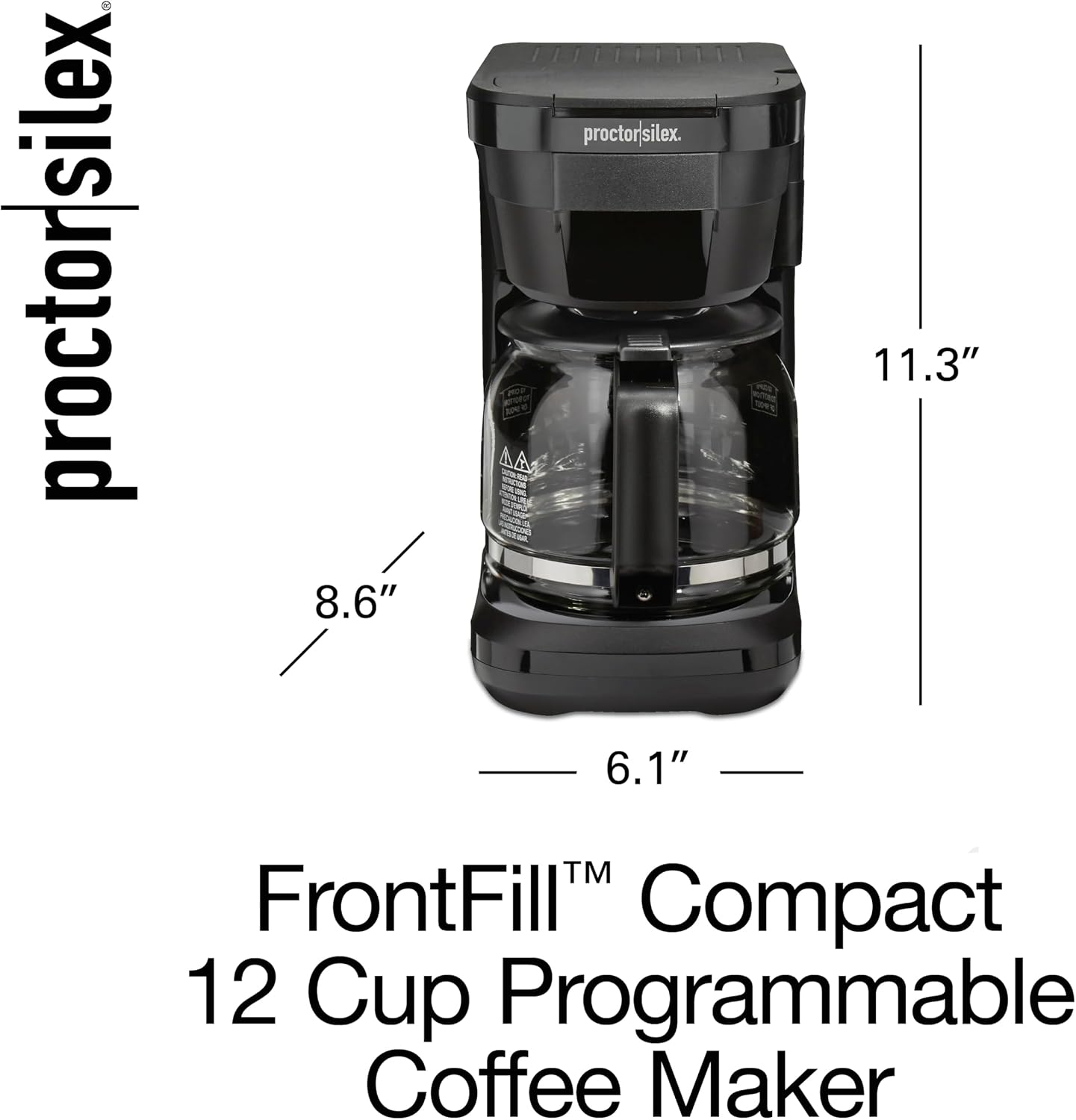 Proctor Silex Digital & Programmable FrontFill 12 Cup Drip Coffee Maker | Glass Carafe | Compact | Auto Shutoff | Black & Silver | 43685PS