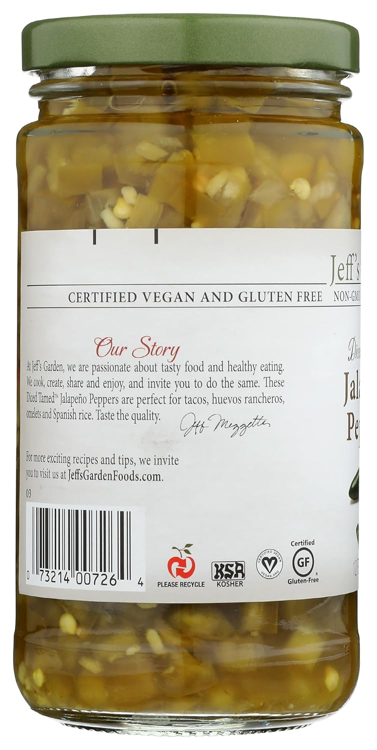 Jeff's Garden, Peppers Diced Tamed Jalapeno, 12 Fl Oz