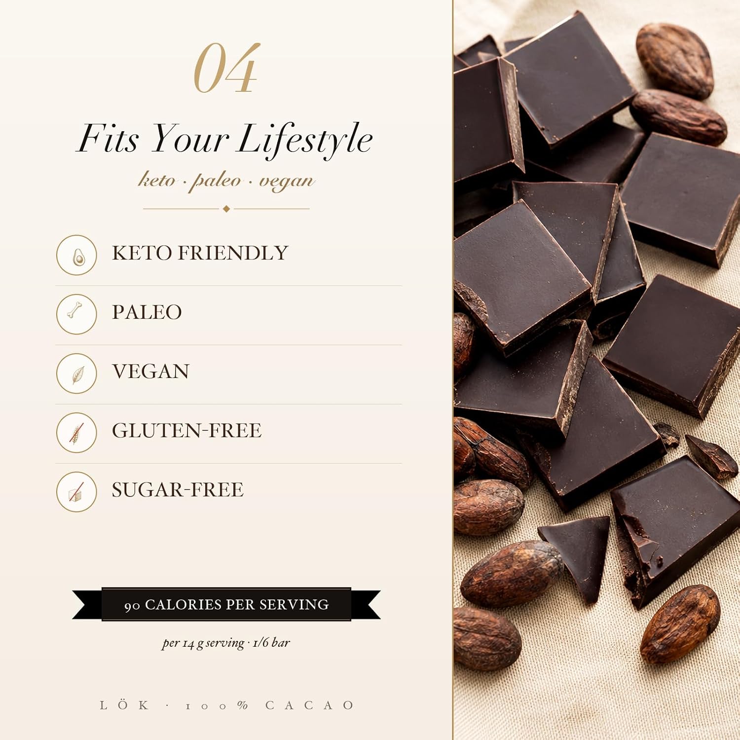 Lök Foods Dark Chocolate Bar 100% Cacao | Fair Trade, Kosher, Gluten Free, Vegan, Bean-to-Bar, Sugar-Free, No Sugar Alcohol, No Artificial Sweetener