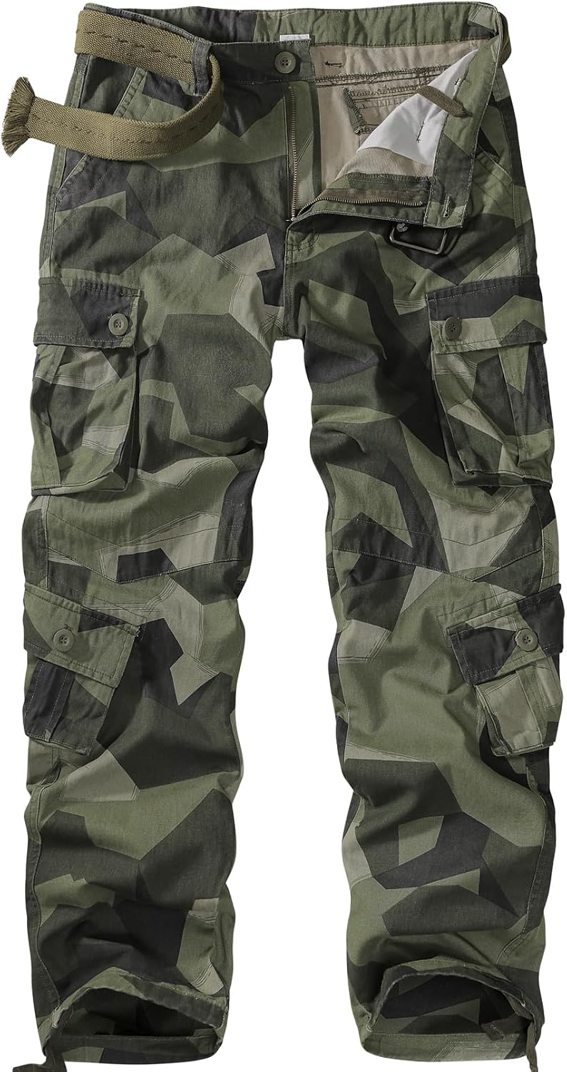 Mens Cargo Pants Camo Work Tactical Rip Stop BDU Casual Army Military Pants | 100% Cotton,Wear Resistant,Breathable,Sweat-absorbent,Men's Wild Cargo Pants with 8 Pockets,Relaxed Loose Fit Hiking Pants