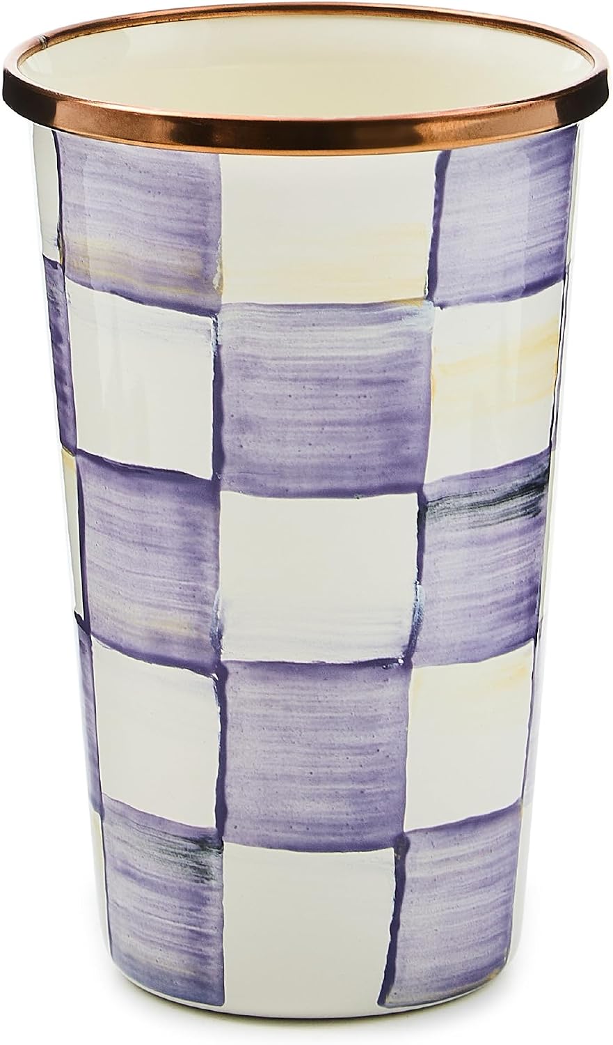 MACKENZIE-CHILDS Enamel Tumbler, Black-and-White Courtly Check | Hand-painted design, elegant drinkware with gold rim, 2.75" dia. x 4.5" H, 10-ounce capacity