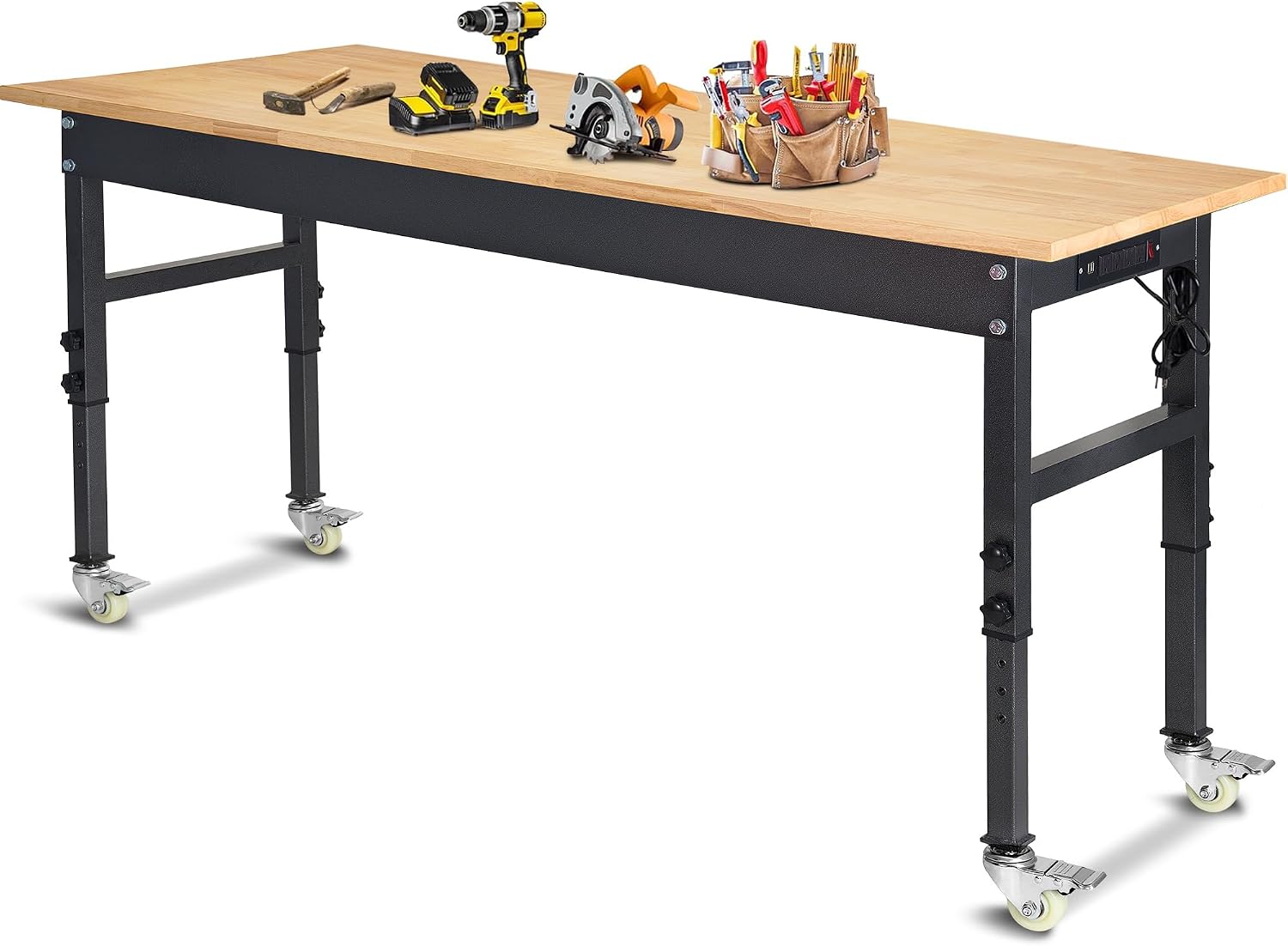60" Adjustable Work Bench, Rubber Wood Top Workbench | Heavy-Duty Work Table with Power Outlet and Wheels