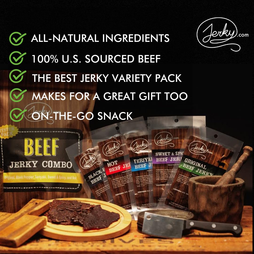 Jerky.com Hot Jerky Combo - Featuring Habanero, Classic Hot, Carolina Reaper, Ghost Pepper - Perfect for Heat Seekers and Flavor Enthusiasts - Beef Jerky Gift for Men (4 Flavors - 2.5 oz. bags)