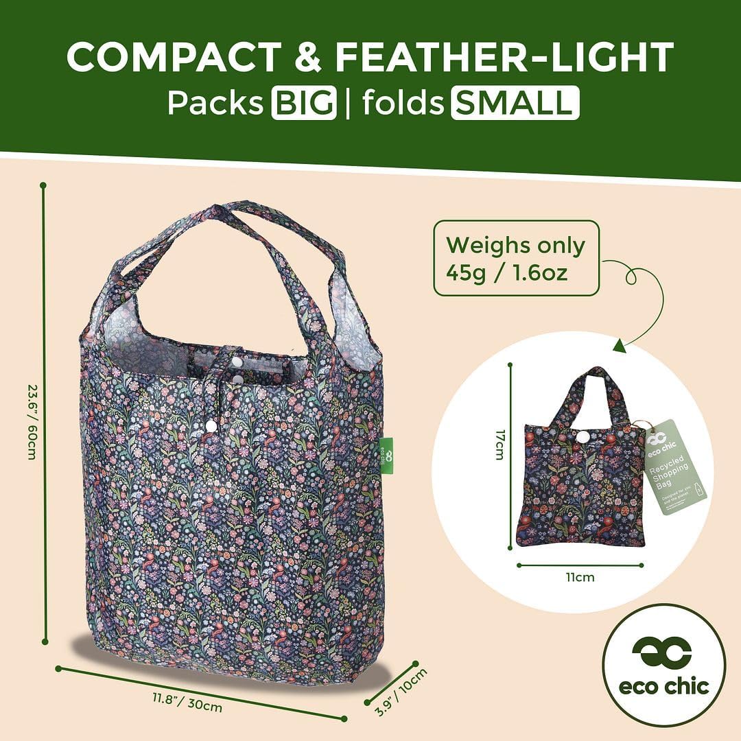 ECO CHIC Foldable Reusable Grocery Bags - Lightweight, Recycled & Reusable Shopping Bag - Waterproof Packable Tote