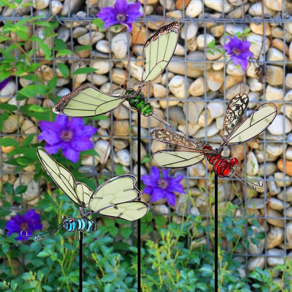 Juegoal 20 Inch Butterfly Garden Stakes Decor, Dragonfly Stakes, Hummingbird Glow in Dark Metal Yard Art for Mom, Mothers Day Ideal Gifts