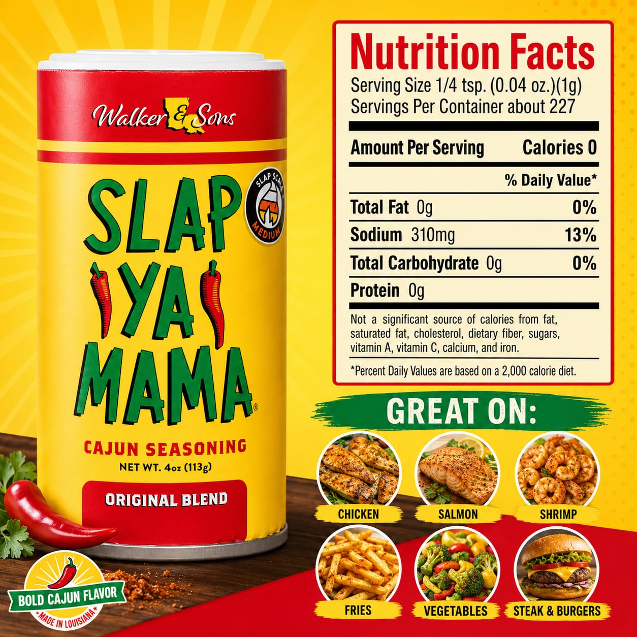 Slap Ya Mama Original Cajun Seasoning, 4 oz | one 4 oz canister of Original Blend Cajun seasoning for chicken, seafood, vegetables, grilling