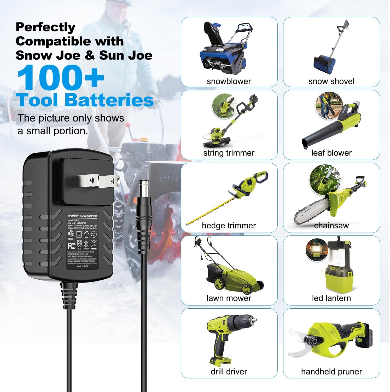 Quick Charge for Snow Joe & Sun Joe 24V Battery, 24VCHRG-QC iON+ Charger | Charger for iBAT24 and 24VBAT Series Battery, iBAT24-LT, iBAT24-LTE