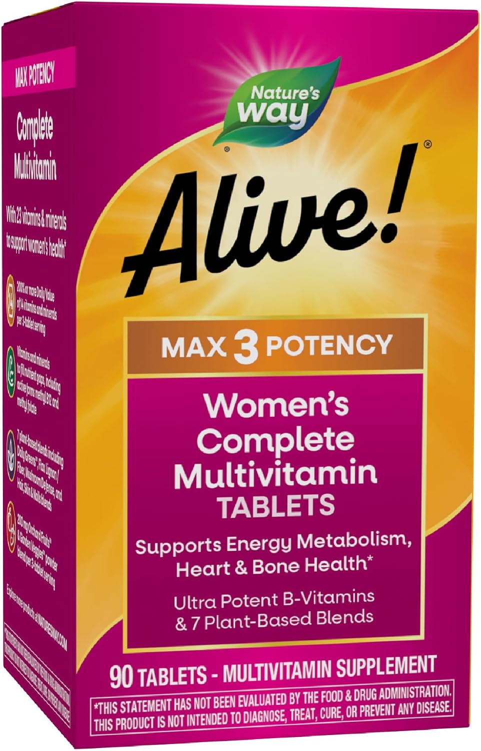 Nature's Way Alive! Max3 Potency Women's Complete Multivitamin, 90 ct | High-Potency Formula with Methylated B12, Folate, CranRx, Spirulina