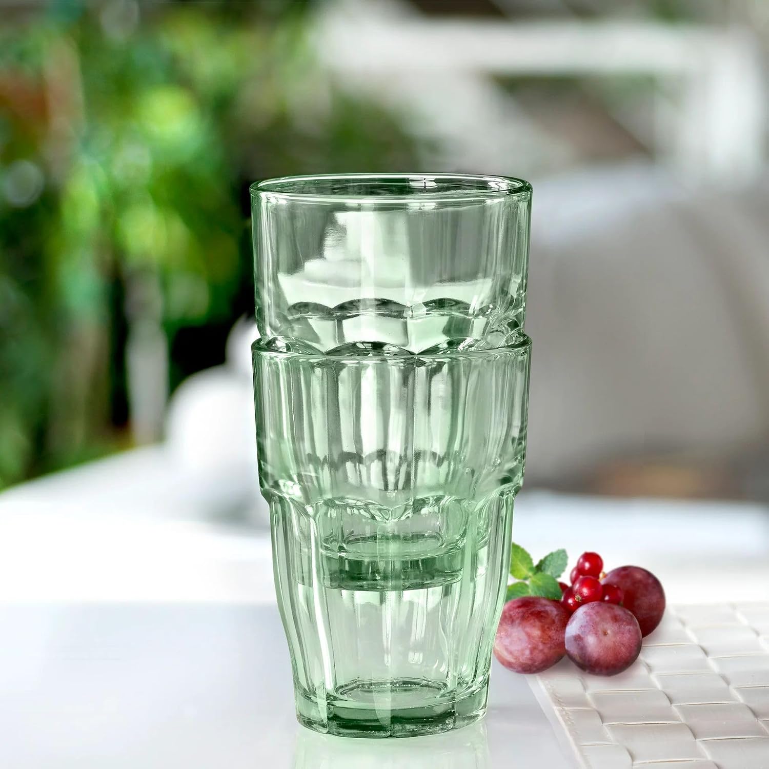 Bormioli Rocco Rock Bar 12.5 oz. Long Drink Stackable Tempered Beverage Glasses for Cold Drinks, Water, and Cocktails, Set of 6, Ice Blue