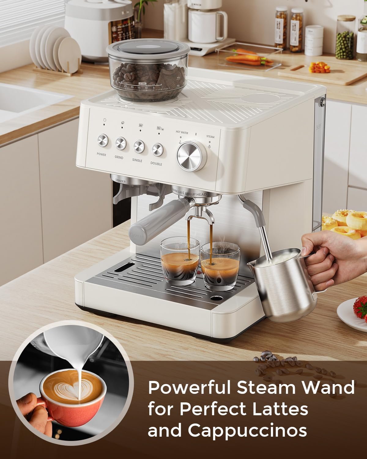 (2026 Upgrade) Espresso Machine with Grinder, 15 Bar Expresso Coffee Machines, Professional Coffee Maker for Latte&Cappuccino with Milk Frother, Expresso Machines for Home Descaling Kit Included White