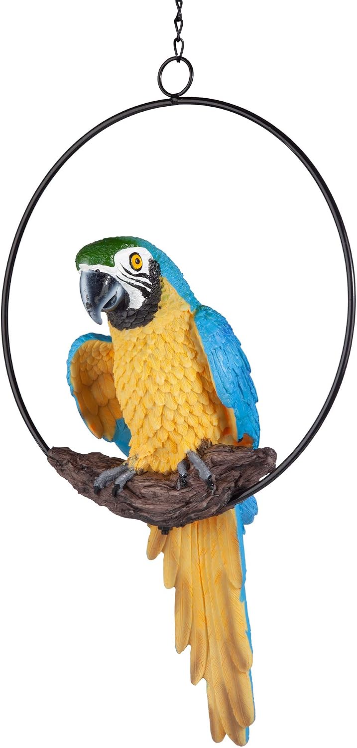 Design Toscano Polly in Paradise Parrot Hanging Bird Ring Perch Indoor/Outdoor Statue, Medium 14 Inch Tall, Cast Stone Resin, Blue Yellow Finish