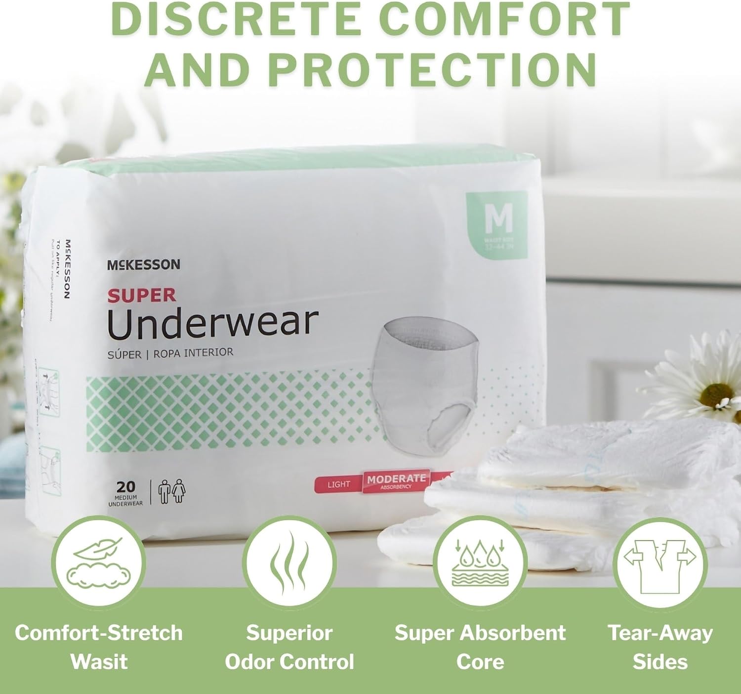 McKesson Super Adult Incontinence Underwear, Medium, Moderate, 44 in, 80 ct