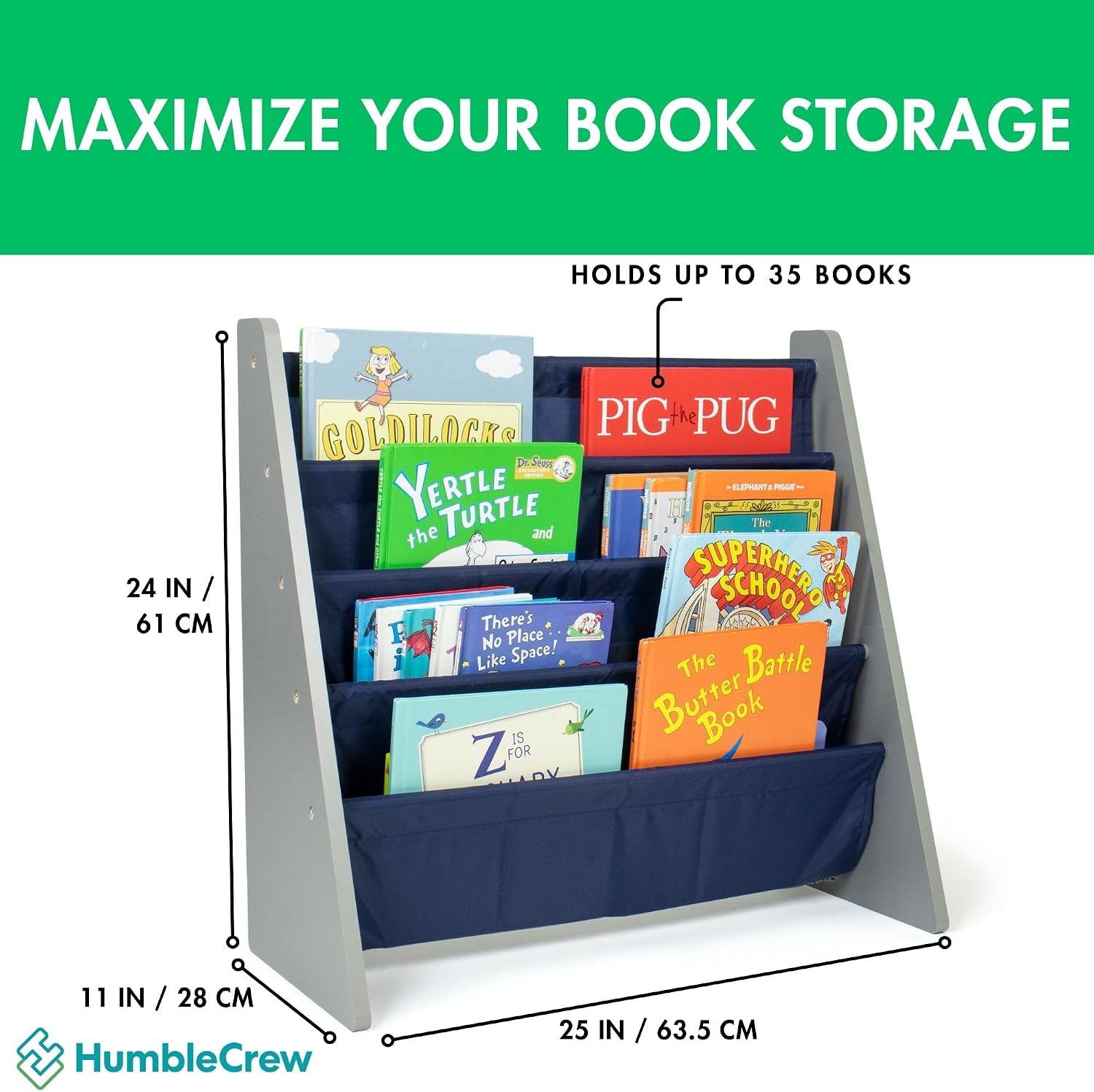 Humble Crew Kids Bookshelf, Montessori Front Facing Toddler Bookcase 4 Tier | Book display rack and reading nook organizer, nylon pockets show covers face out, compact for any playroom or bedroom space