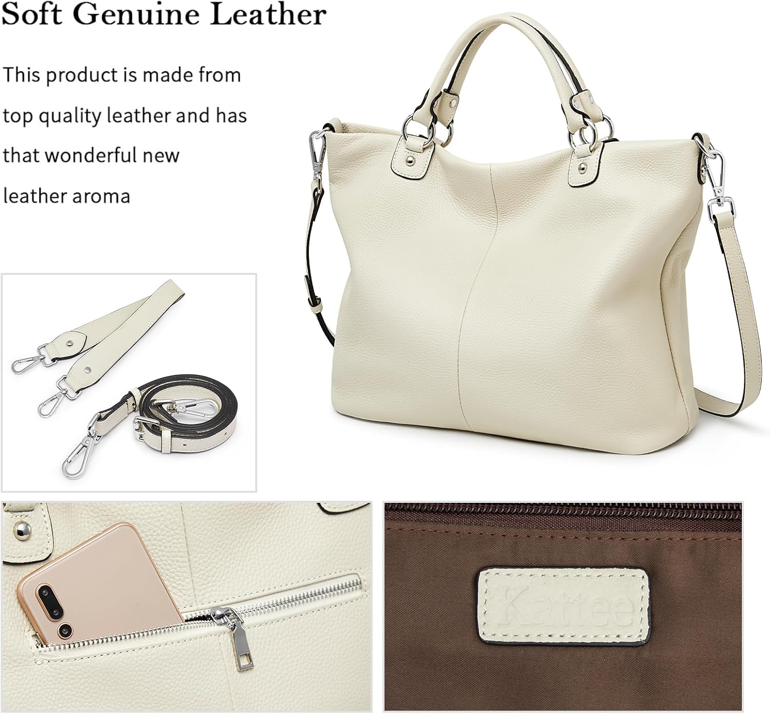 Kattee Genuine Leather Tote Purse for Women, Top Handle Satchel | Soft genuine leather tote with roomy storage and versatile carry for work, shopping, and travel.
