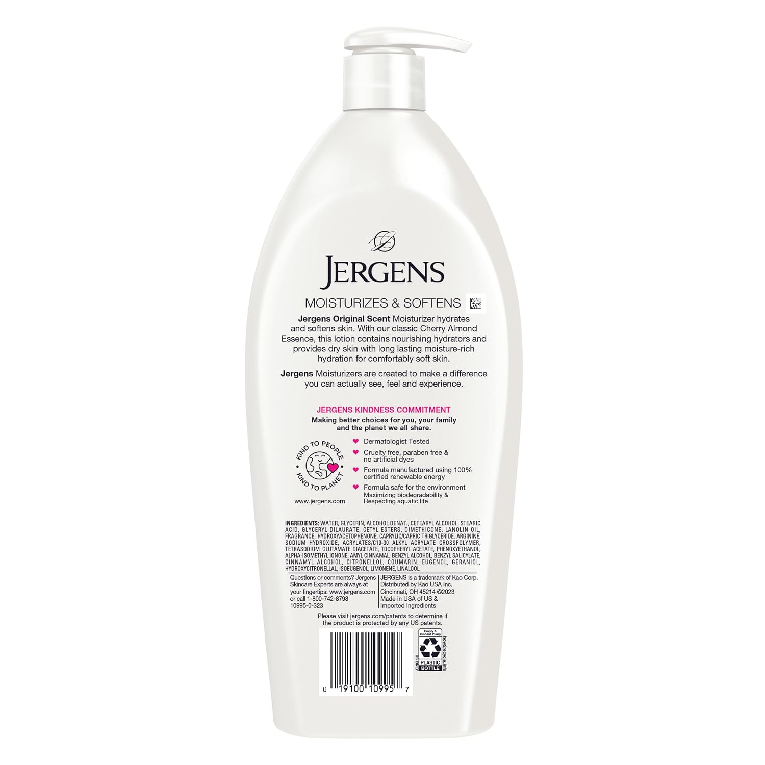Jergens Cherry Almond Hand & Body Lotion, Dry Skin, 32 fl oz | Fast-Absorbing Moisturizer, Vitamins E, C & B5, Softens Dry Skin, Dermatologist Tested, Cherry Almond Scent