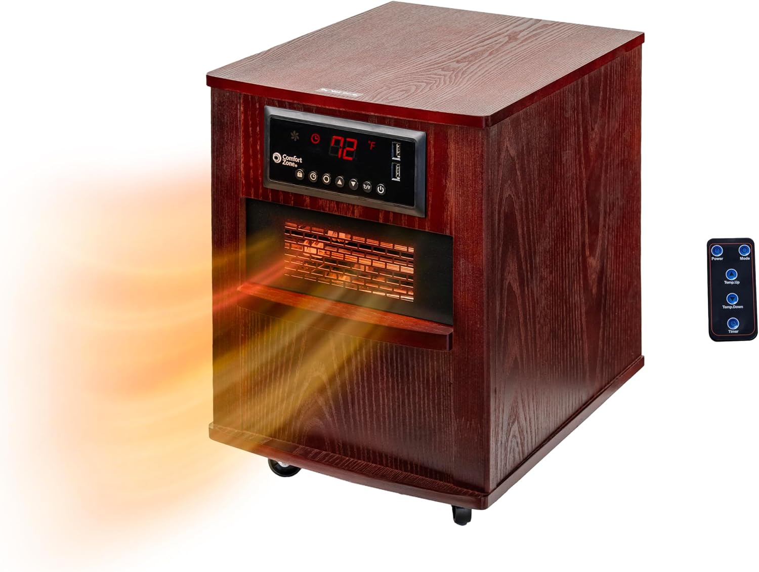 Comfort Zone Indoor Space Heater, 20 inch, 1,500 watt, Cabinet Heater with Remote, Infrared, Quartz, USB Charging Ports, Timer, Tip Over Switch & Overheat Protection, Ideal for Home & Office, CZ2062W