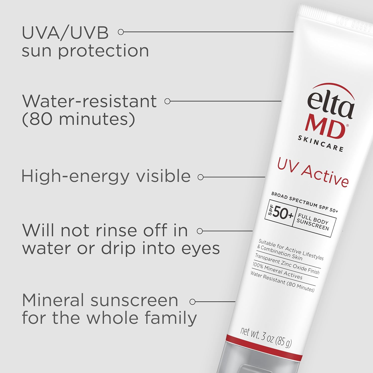 EltaMD UV Active 100% Mineral Sunscreen, SPF 50+ Full Body Sunscreen for Active Lifestyles, Water Resistant Up to 80 Minutes, 3.0 oz Tube