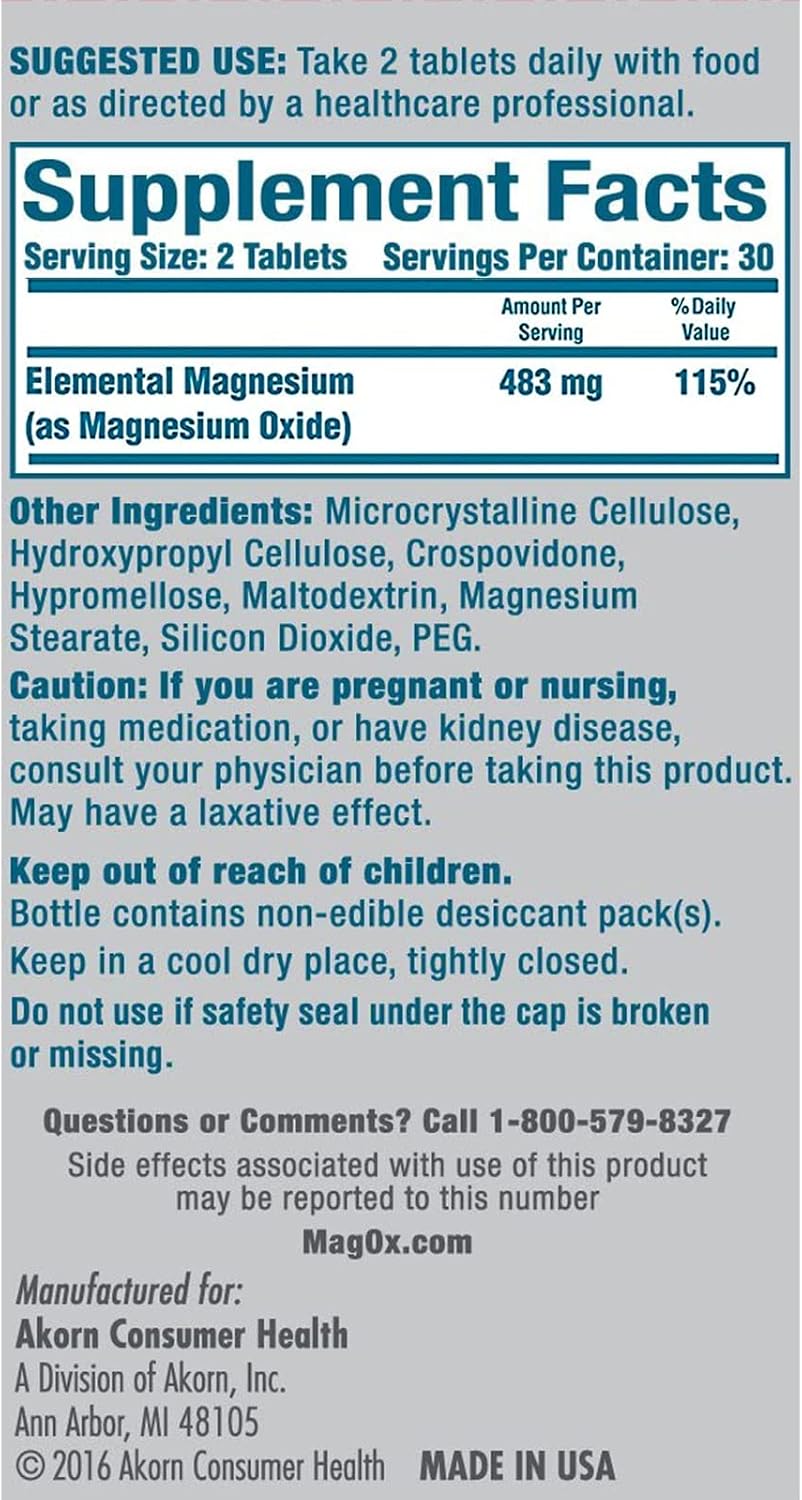 Mag-Ox Magnesium Supplement, Pharmaceutical Grade Magnesium Oxide 483mg, Most Concentrated Form of Magnesium, 120 Tablets