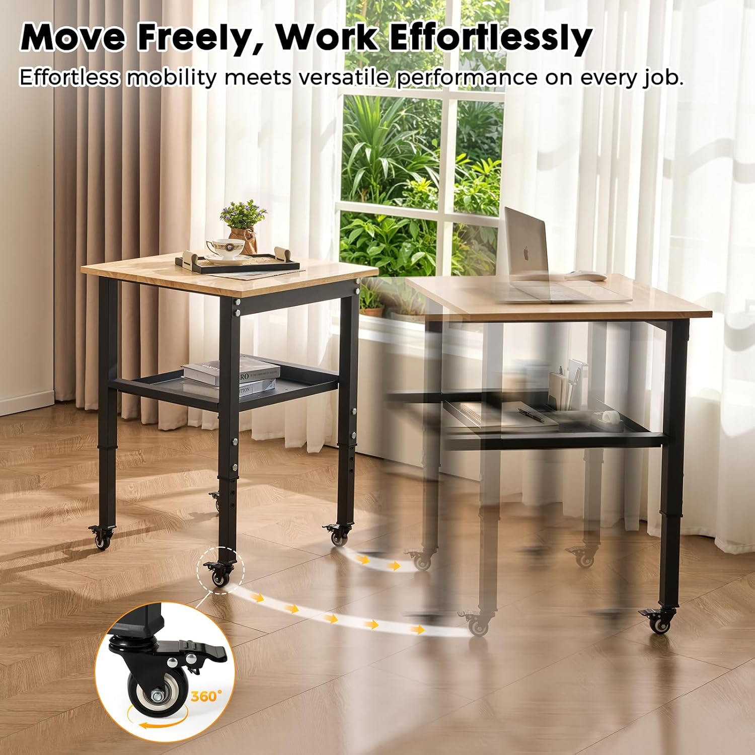 48" Adjustable Rubberwood Workbench with Foldable Extension Board & Power Outlet, Extra Large 48x32In 9-Level Height 27"-37", 2000 LBS Heavy Duty for Workshop Garage Office Home