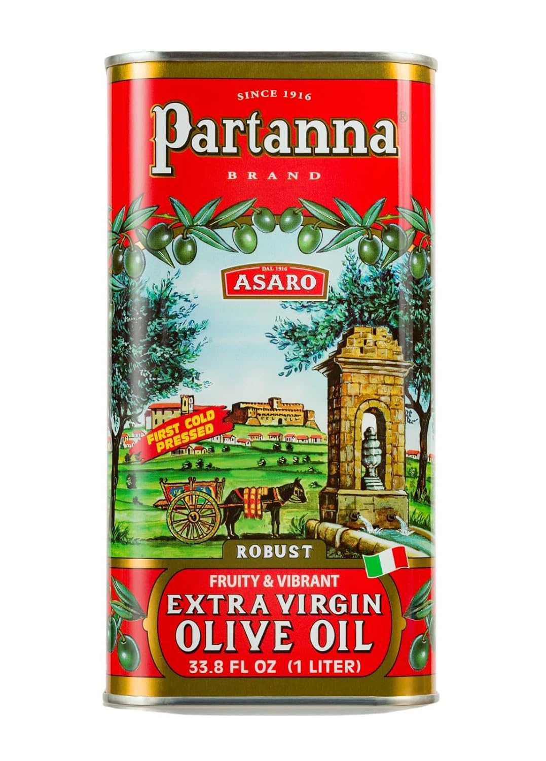Partanna Robust Extra Virgin Olive Oil, 101 fl oz (3 L) Tin | Premium 100% Castelvetrano Oil, High Polyphenol, First Cold Pressed, Early Harvest in Sicily, Award Winning Italian EVOO