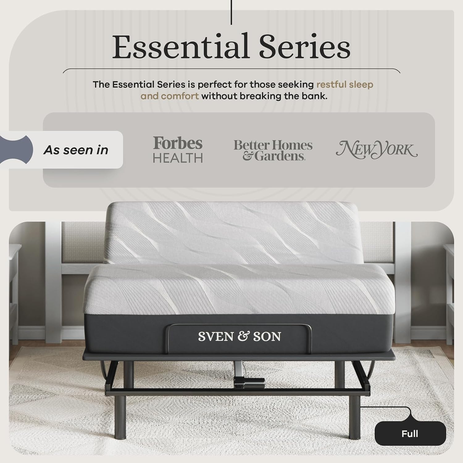 Sven and Son Essential Adjustable Bed Base (Frame) + 12 inch Memory Foam Matt (Medium), Easy Assembly, Head and Foot Lift, Memory Positions