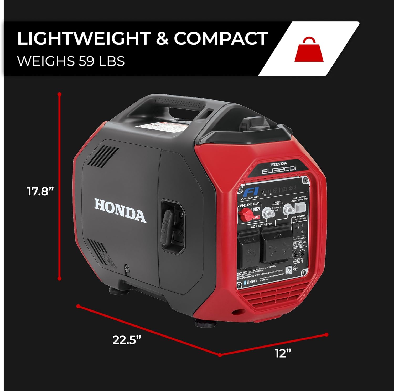 Honda EU3200i 3200 Watt Inverter Generator, Super Quiet 120V Gas Powered Portable Generator for Camping, RV or Home Backup Power Supply