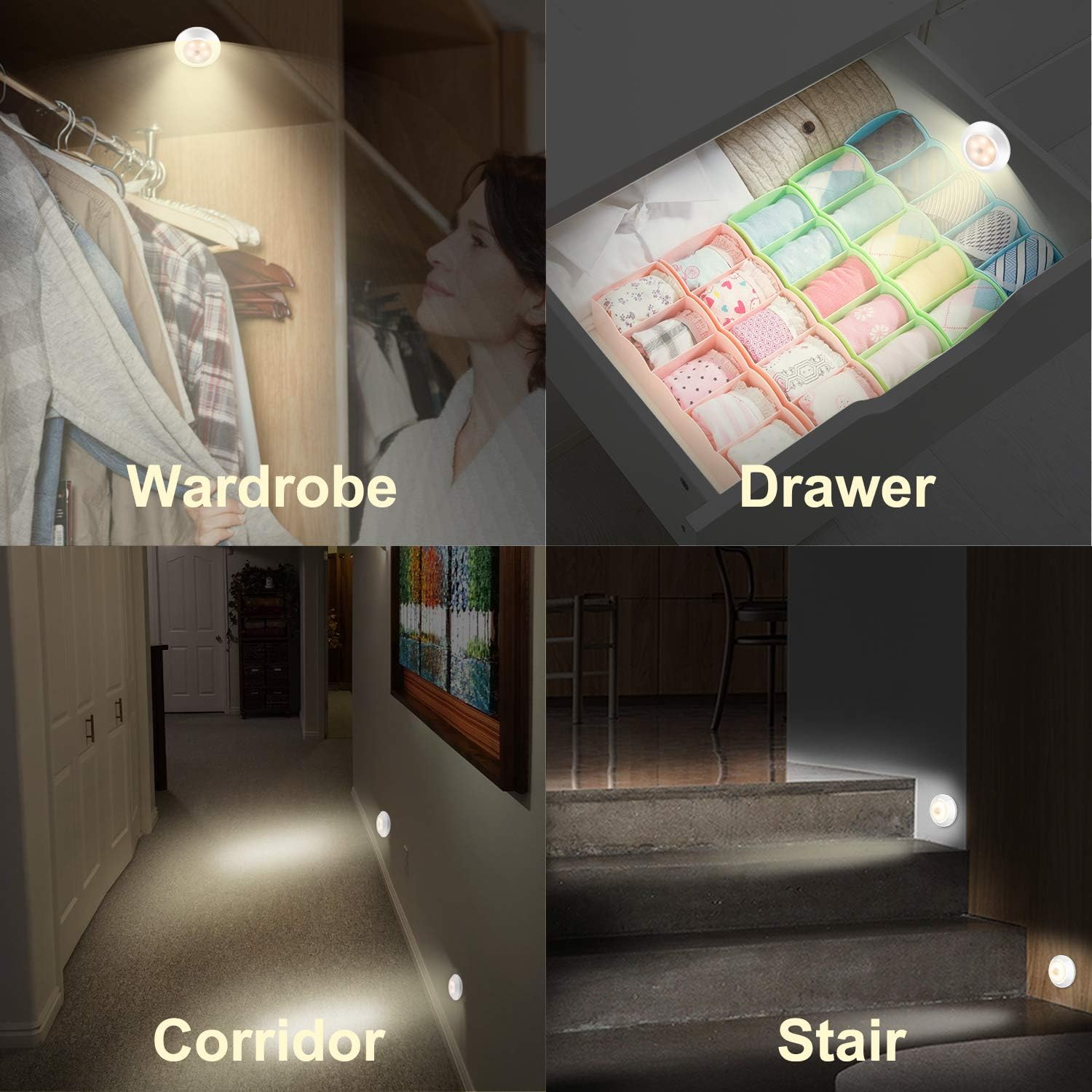 HONWELL Motion Sensor Light, Wireless Battery Powered Warm White Motion Sensor Lights, Stick Closet Lights, Safe LED Stair Lights