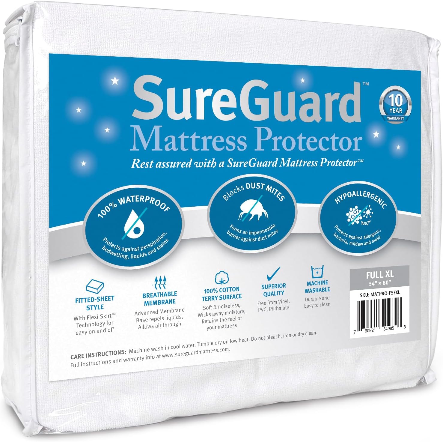 SureGuard Waterproof Mattress Protector, Queen Size Mattress Cover | Soft Noiseless Breathable Hypoallergenic Washable Mattress Pad, Stretchable Pockets fit Bed 6-20" Deep (Cotton Terry)