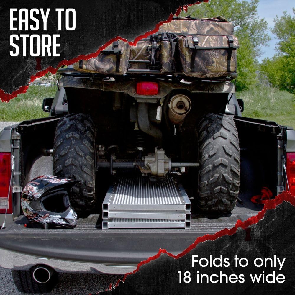 Black Widow 6ft 5in Aluminum Folding ATV Loading Ramp, 1500 lb Capacity | Load four-wheelers into trailer, folds into thirds for storage, safety straps included