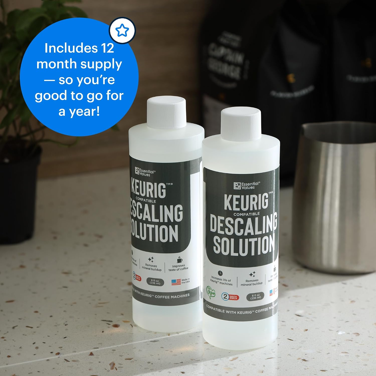 Essential Values Universal Descaling Solution, Made in the USA for Delonghi, Keurig, Breville,Nespresso (2 Uses) Coffee Machine Descaler Cleaner for all Automatic Coffee Makers & Espresso Machines