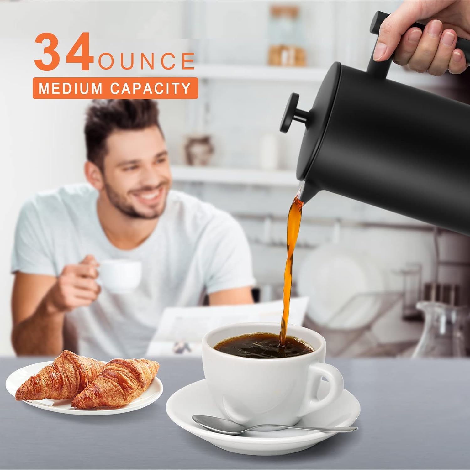 Secura French Press Coffee Maker, 304 Grade Stainless Steel Insulated Coffee Press with 2 Extra Screens, 34oz (1 Litre), Silver