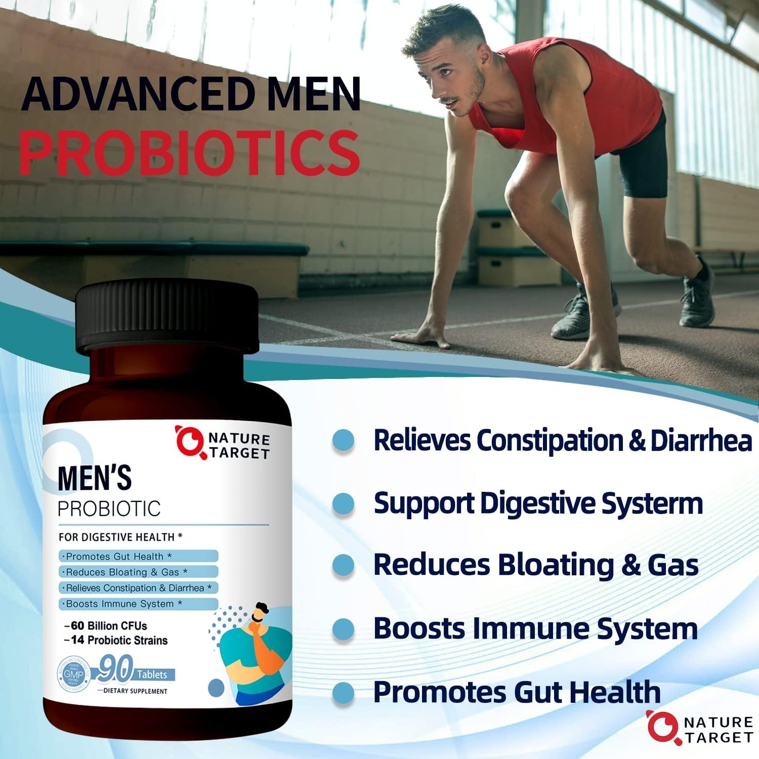 NATURE TARGET Probiotics for Men, 60 Billion CFU, 90 Veggie Tablets
