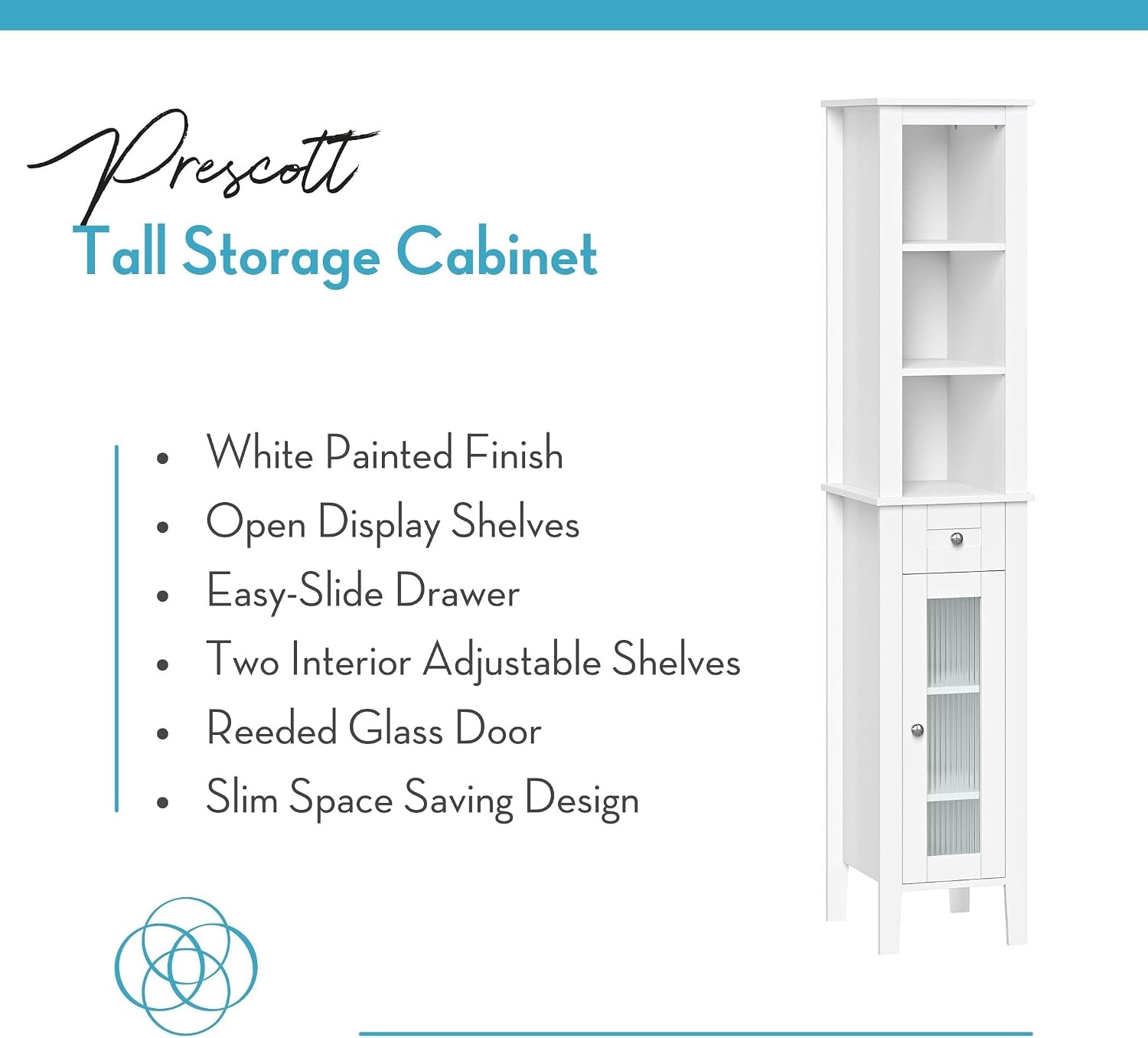 RiverRidge Prescott Tall Slim Bathroom Linen Storage Cabinet, White | Versatile Narrow Organizer with Reeded Glass Door, Open Display