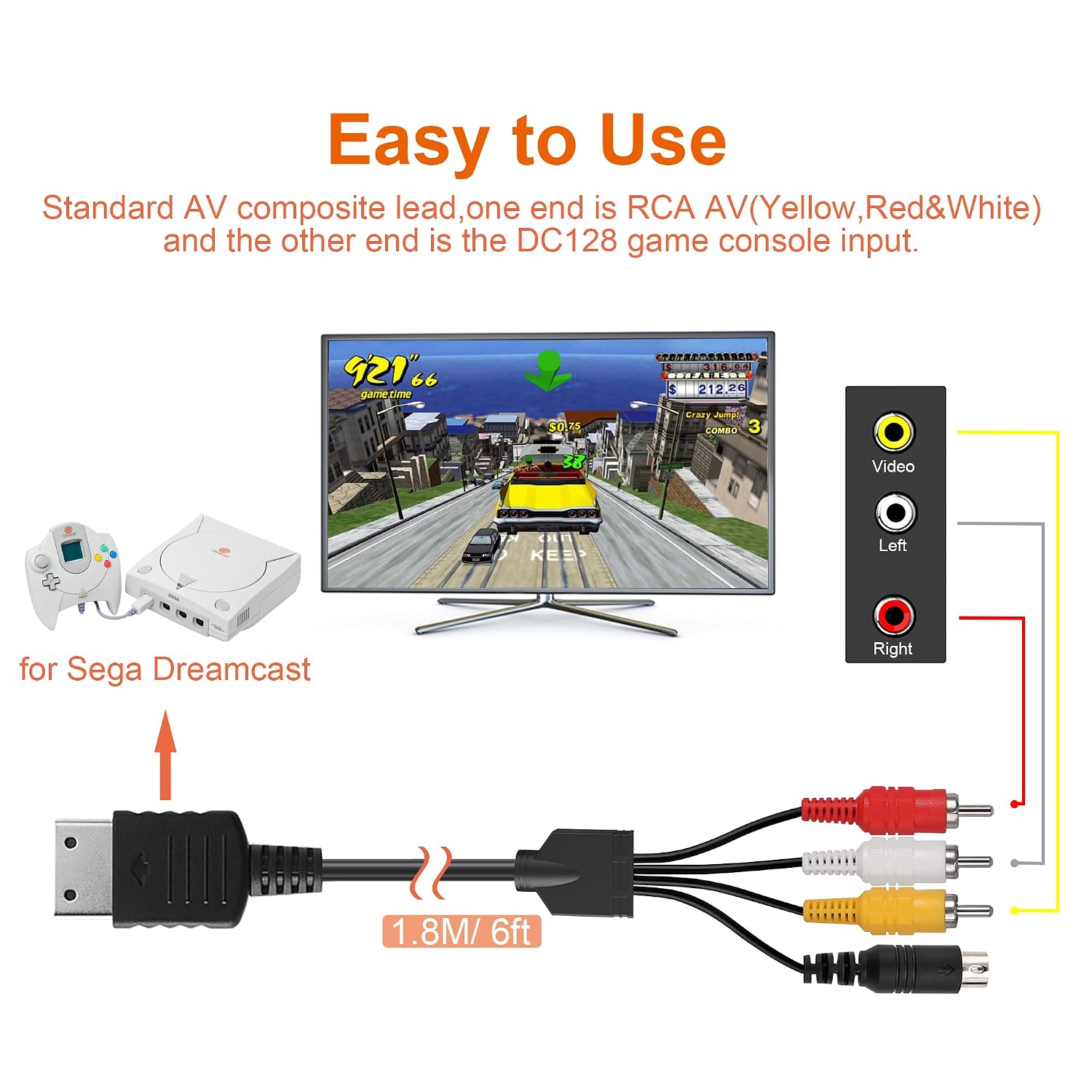 S Video RCA AV Cable for Dreamcast, S-Video Audio Video Cable Compatible with Sega Dreamcast DC, 1.8M/6FT