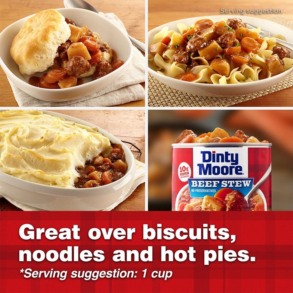 DINTY MOORE Beef Stew, 15 oz (12 Pack), With Fresh Potatoes & Carrots | Fully Cooked & Ready-To-Eat, Gluten-Free, 10g Protein, No Preservatives, Perfect for Noodles, Biscuits & Hot Pies
