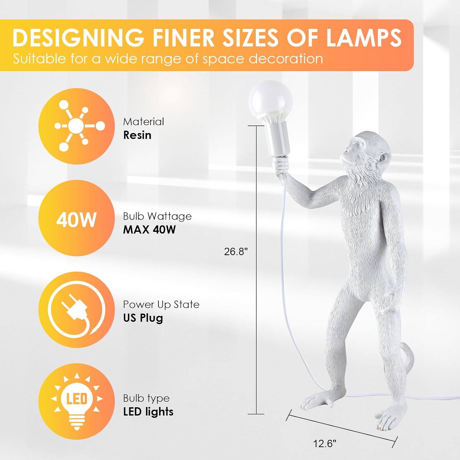 Modern Resin Standing Monkey Table Lamp, Desk Lamp, Animal Lamp, Bedside LED Light for Home Decor, Living Room, Bedroom, Home Office