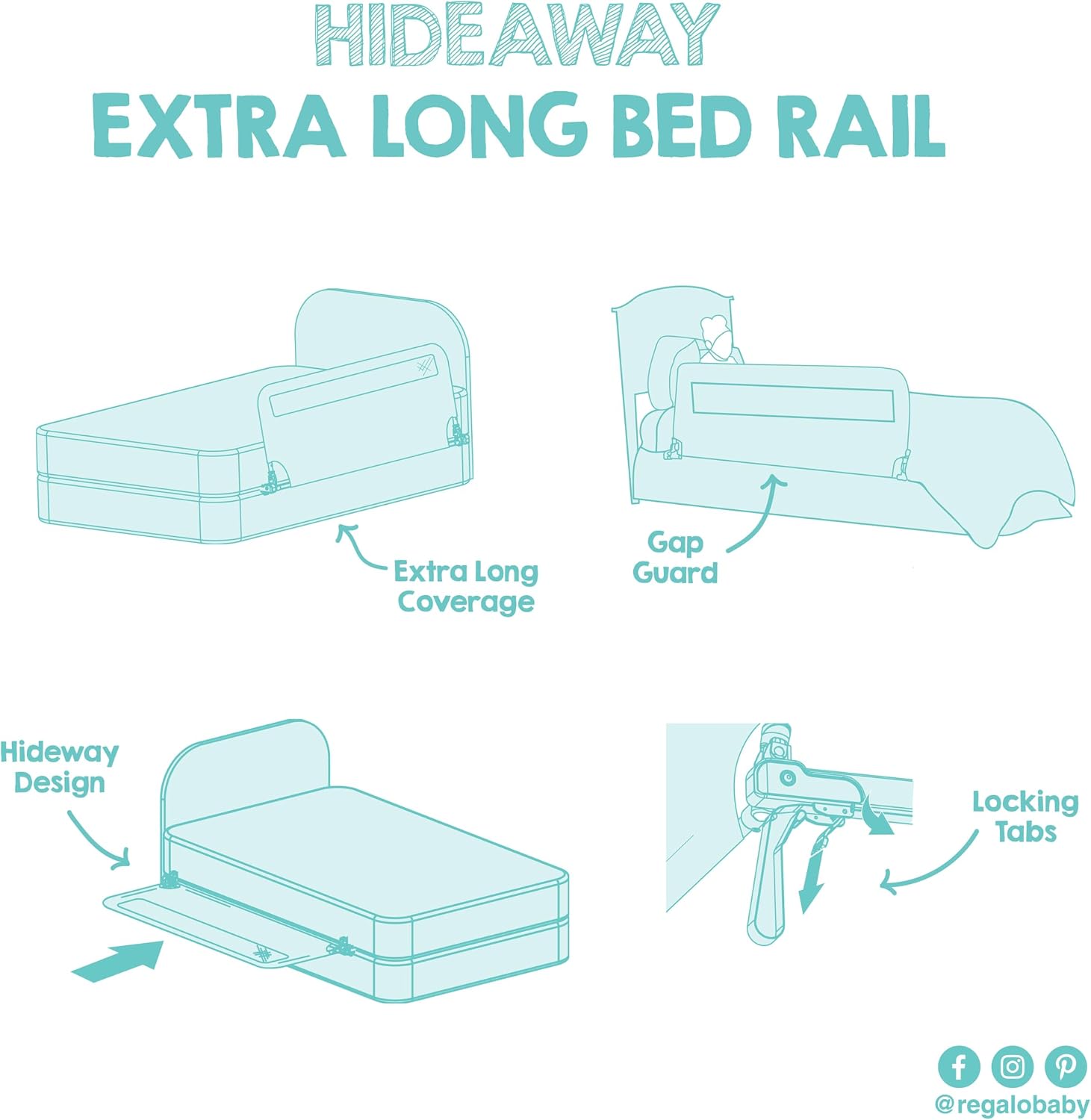 Regalo Safety 54” Extra Long Hideaway Bed Rail Guard for Toddlers, Toddler Bed Rail with Reinforced Anchor Safety System, 20” Tall Bed Safety Rail, Fits Twin, Full & Queen Beds