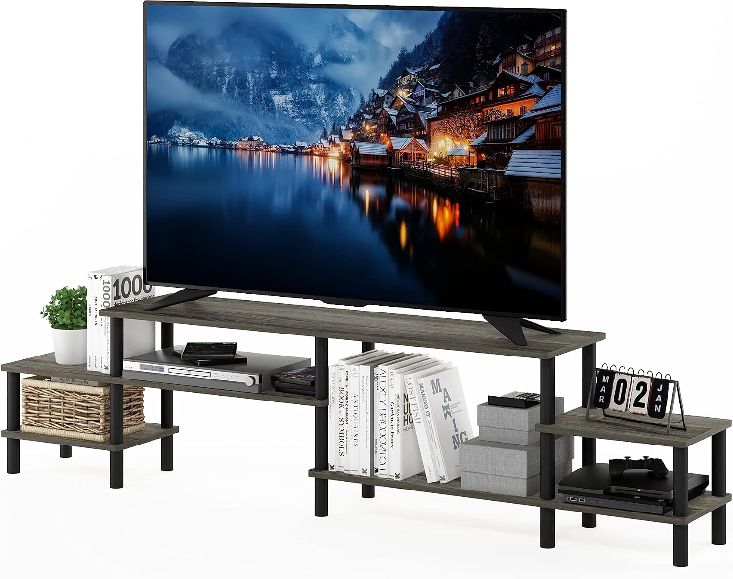 Furinno Nelly TV Stand, 3-Tier Entertainment Center with Open Shelves Storage, TV Console for TV up to 55 Inch, Soft Edges, for Living Room, Bedroom, Black