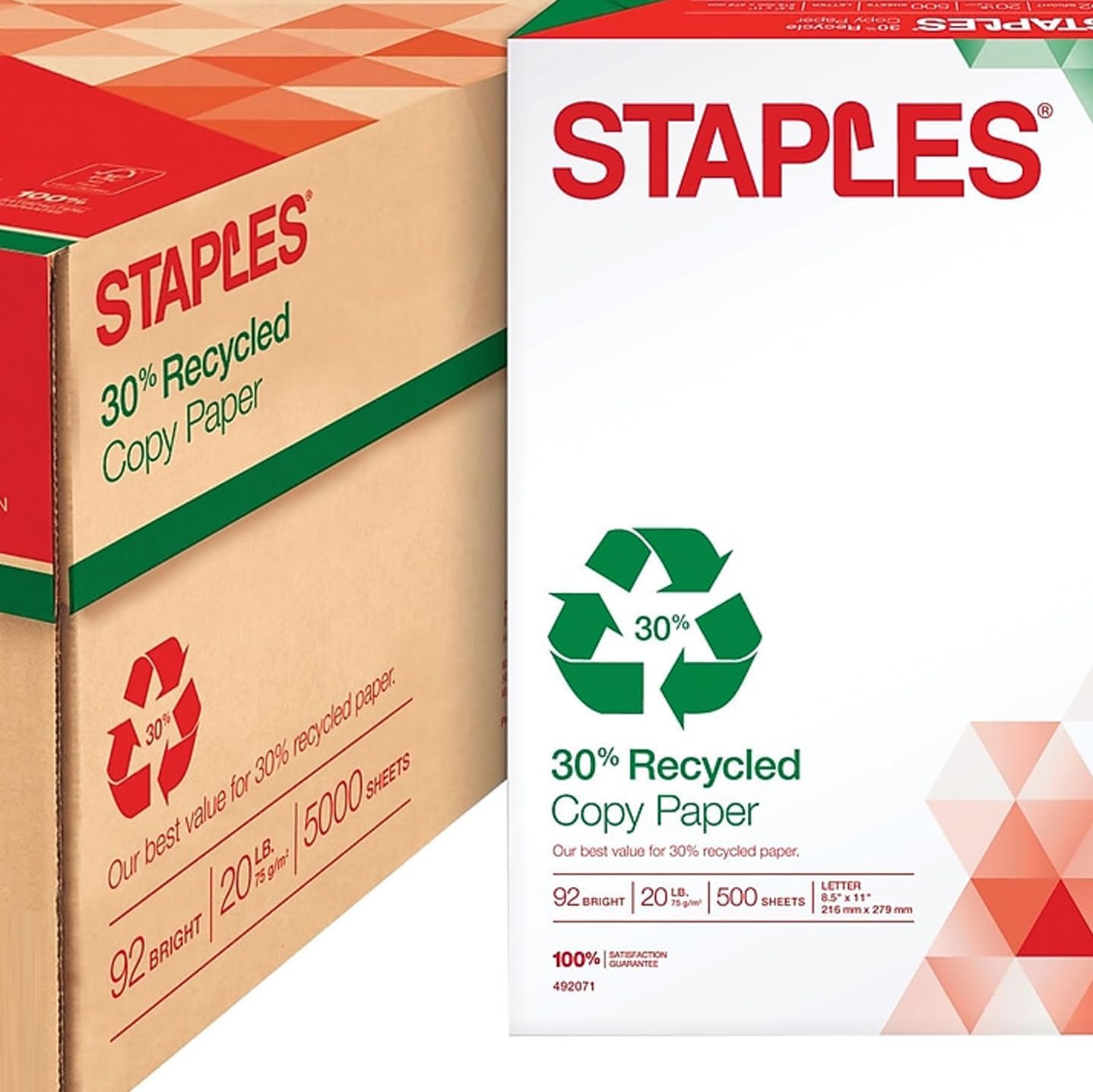 Staples 30% Recycled 8.5-Inch X 11-Inch Copy Paper 20 Lbs 92 Brightness 500/Ream, For Office, School & Home
