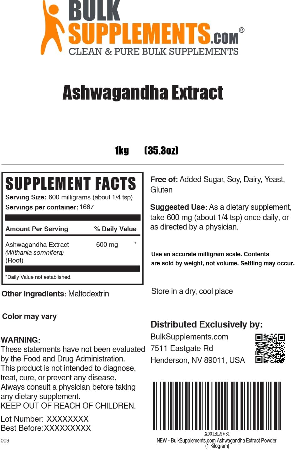 BulkSupplements.com Ashwagandha Root Extract Powder - Ashwagandha Supplement, Herbal Supplement - Vegan & Gluten Free, 600mg per Serving, 1kg (2.2 lbs) (Pack of 1)
